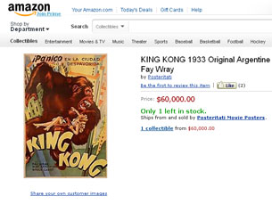 O cartaz original do filme "King Kong" está à venda por 60 mil dólares, quase 45 mil euros Foto: DR