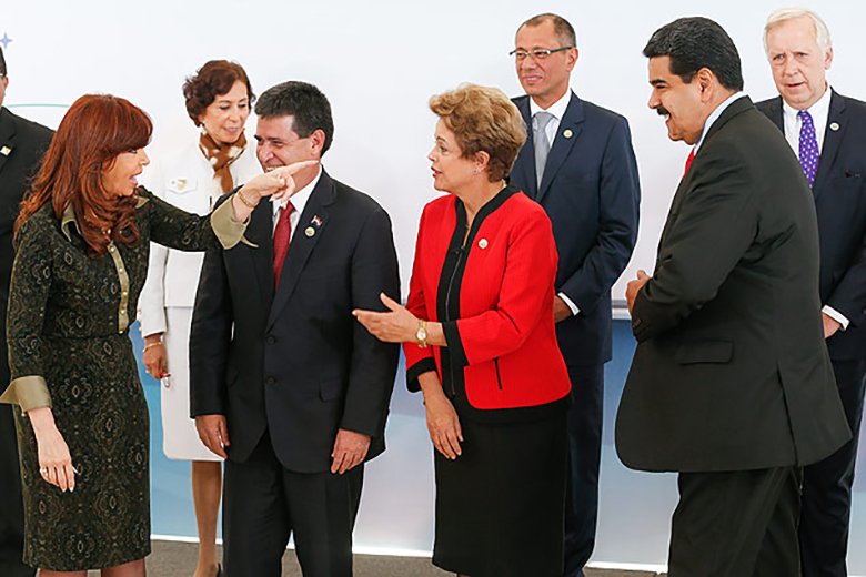 A ex-presidente da Argentina, Cristina Kirchner, o presidente do paraguai, Horácio Cartes, a presidente do Brasil, Dilma Rousseff e o presidente da Venezuela, Nicolás Maduro