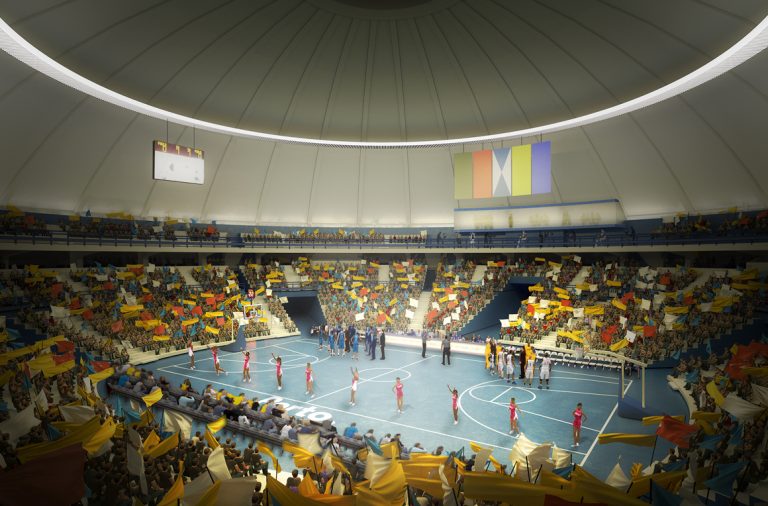 Simulação de um evento desportivo no futuro pavilhão.